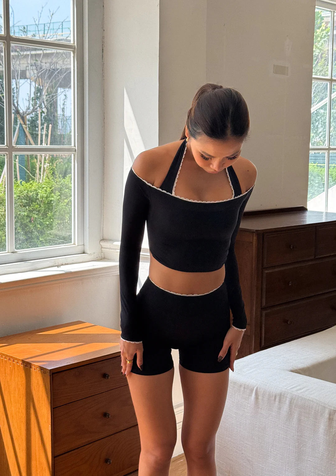 Moonlit Muse Cover Top in Black by WearRame model front view