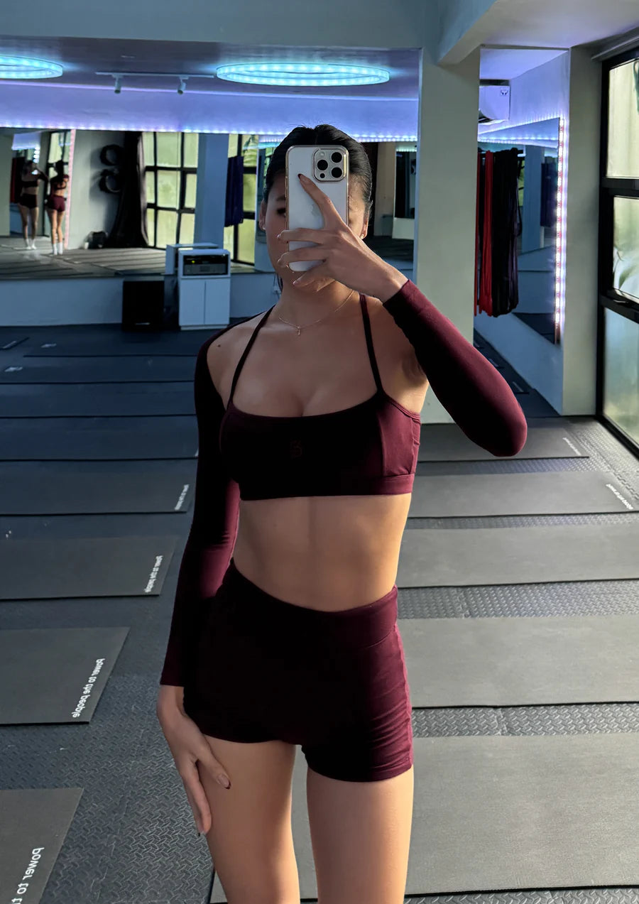 WearRame Nyx High Waist Shorts Burgundy fit on model