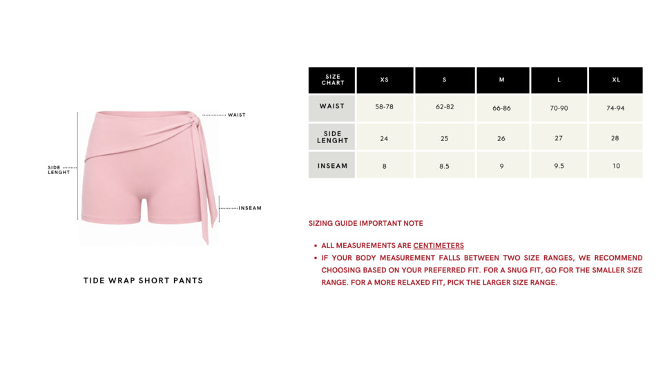 Size chart and measurement guide for wearrame Tide Wrap Short Pants in Blush pink