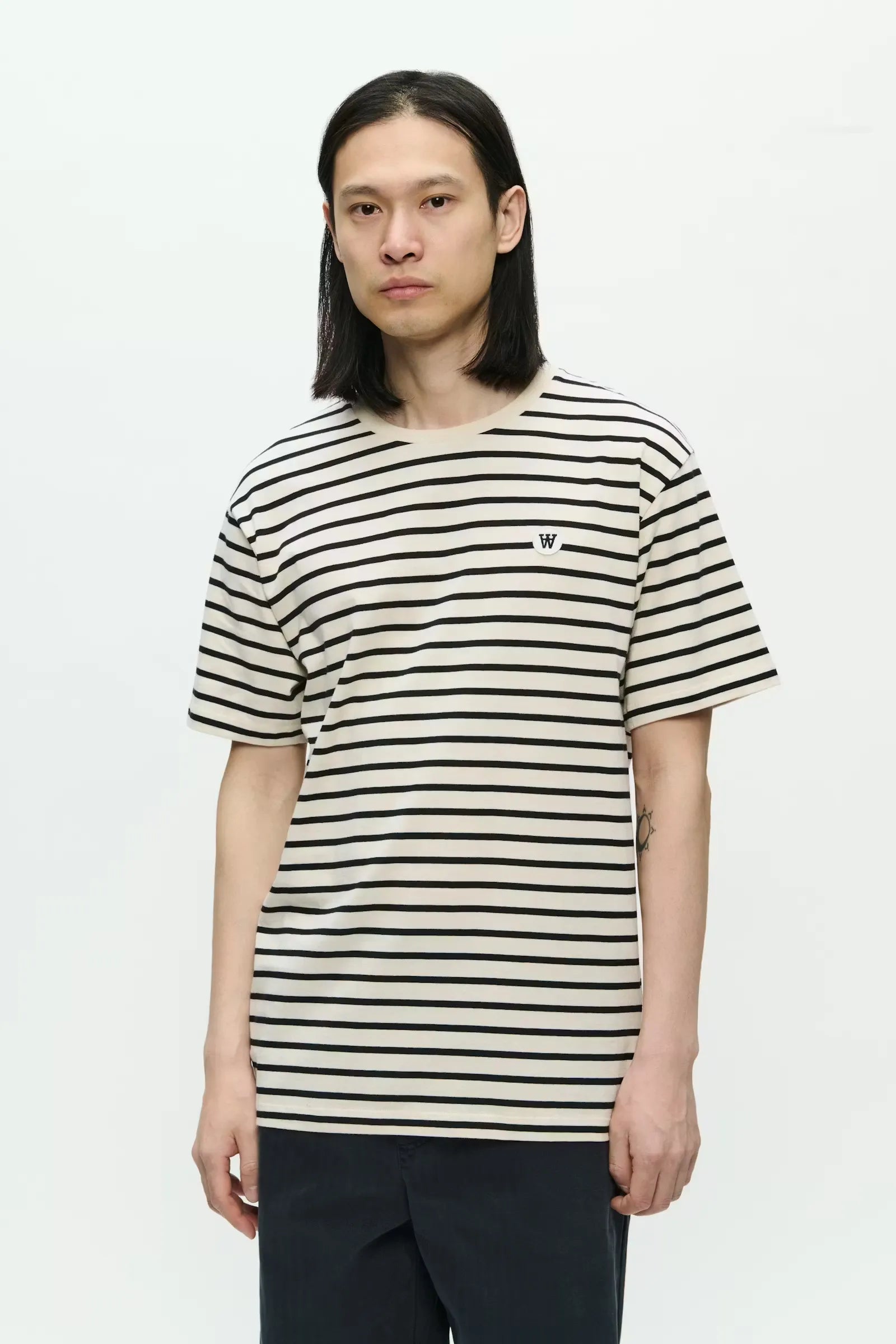 Wood Wood Ace Stripe T-Shirt Black Beauty worn by model