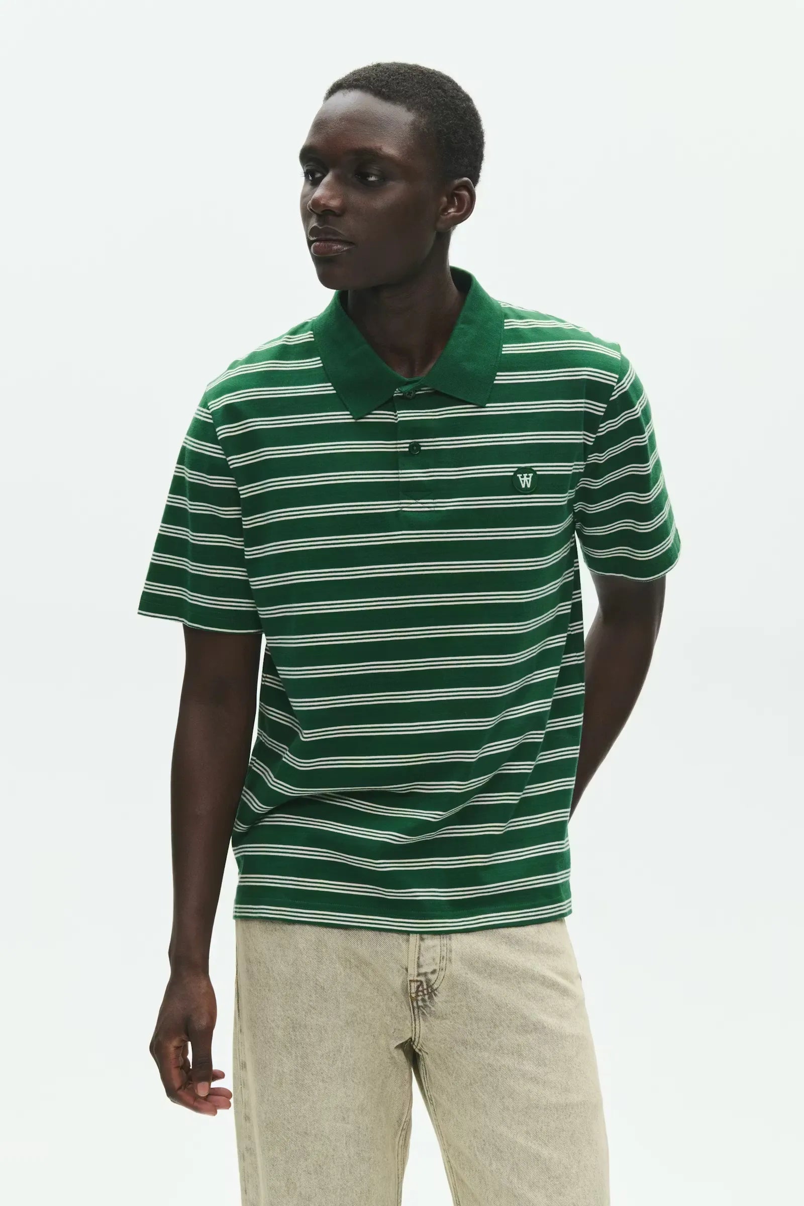 Wood Wood Colton Poloshirt Eden Stripe Green worn by model