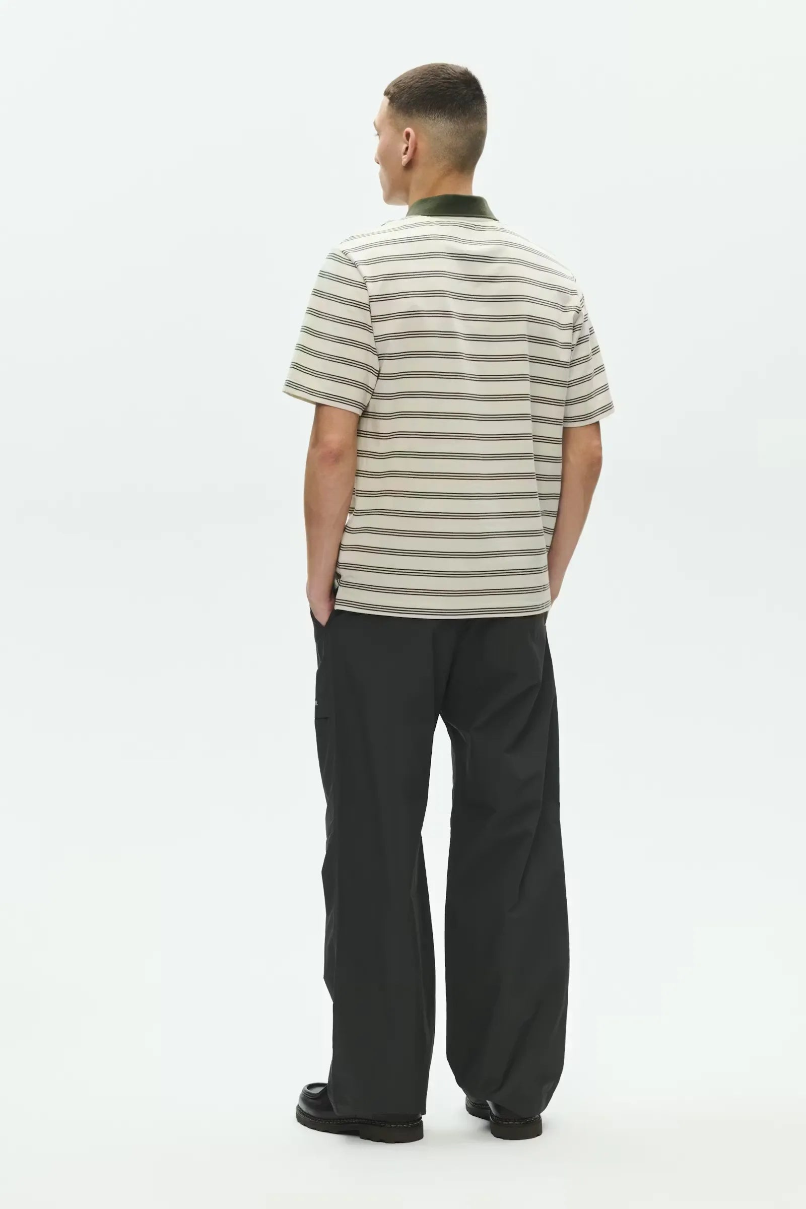 Wood Wood Colton Poloshirt Silver Birch Stripe back view on model