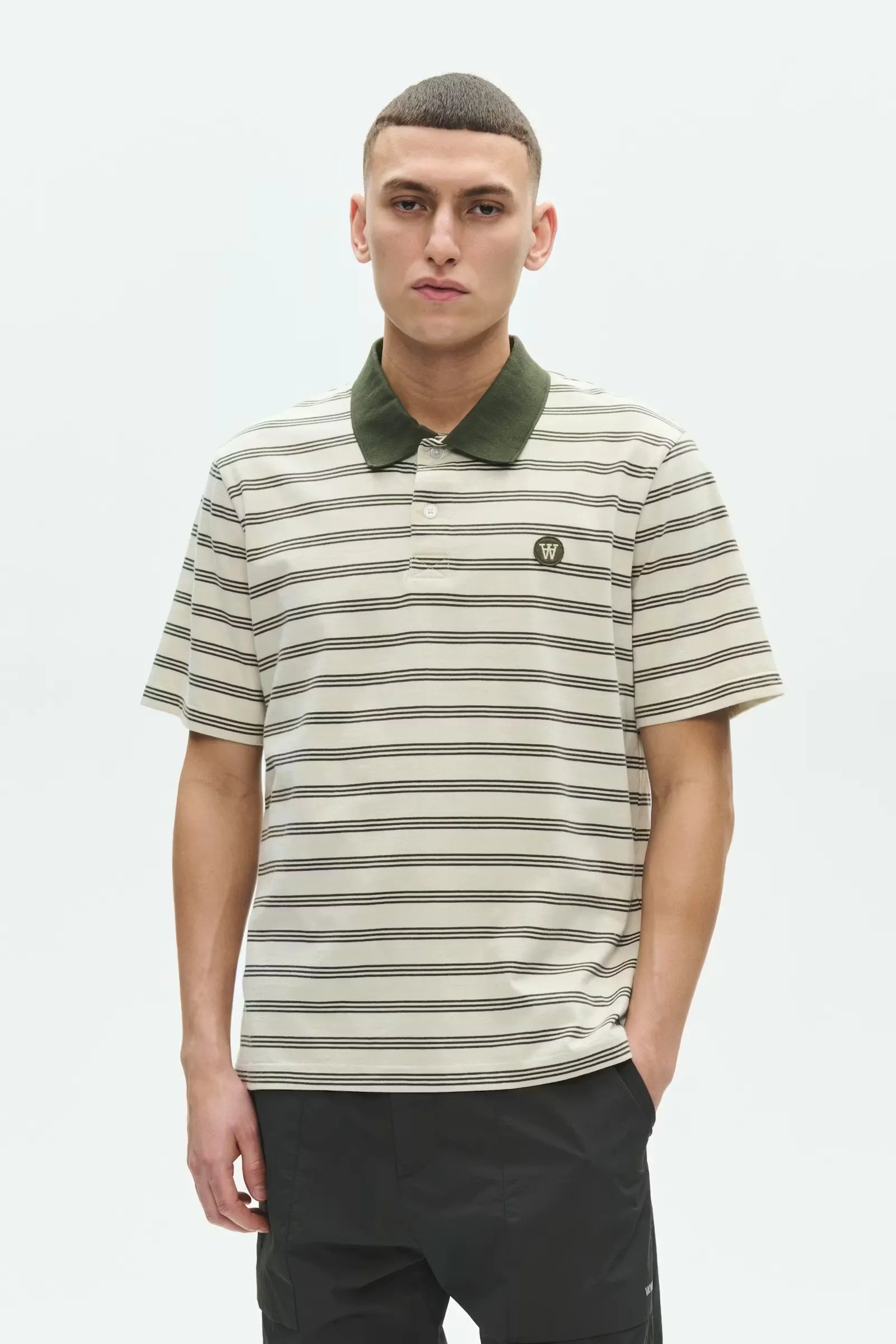 Wood Wood Colton Poloshirt Silver Birch Stripe worn by model