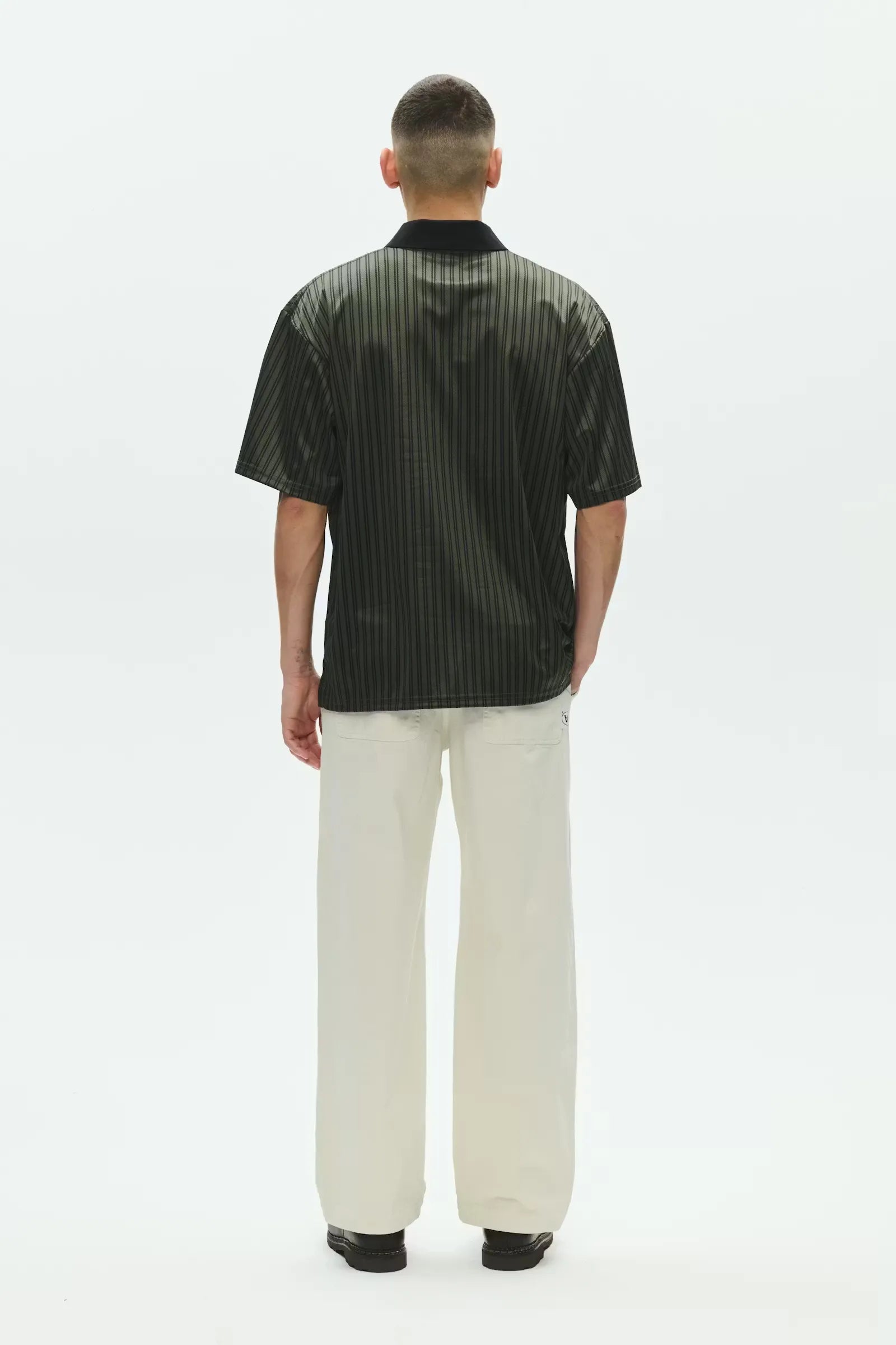 Wood Wood Lama Poloshirt Deep Depths Stripe Green back view on model