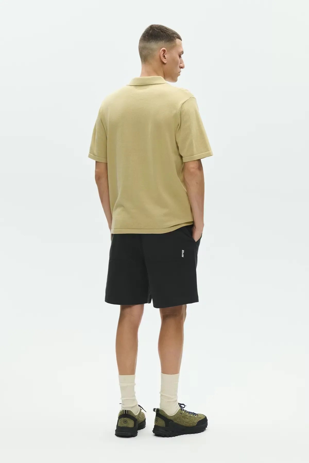 Wood Wood Mikkel Poloshirt Pale Olive Green Brown back view on model