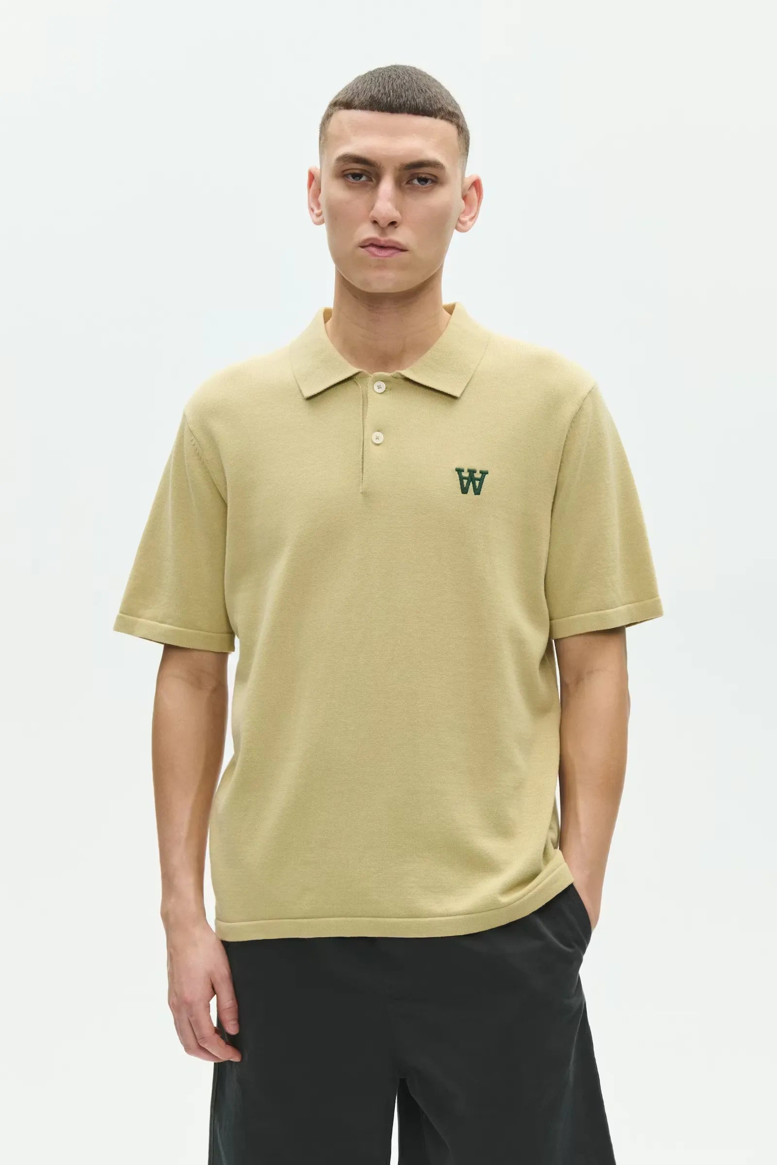 Wood Wood Mikkel Poloshirt Pale Olive Green Brown worn by model