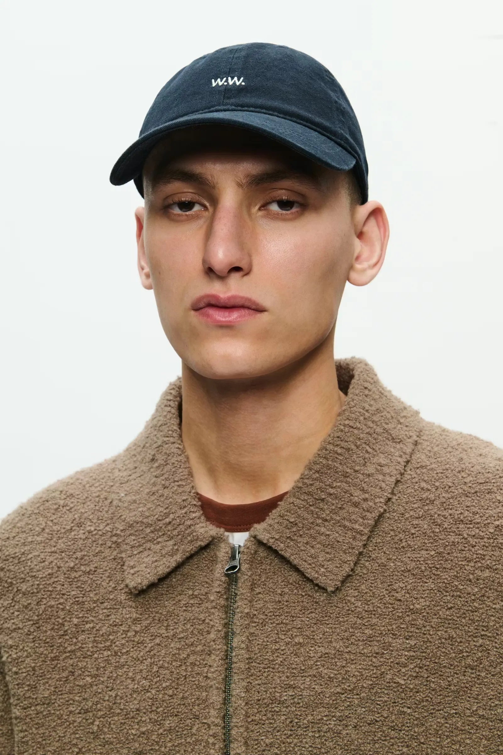 Model wearing Wood Wood W.W. Cap Salute Blue front view