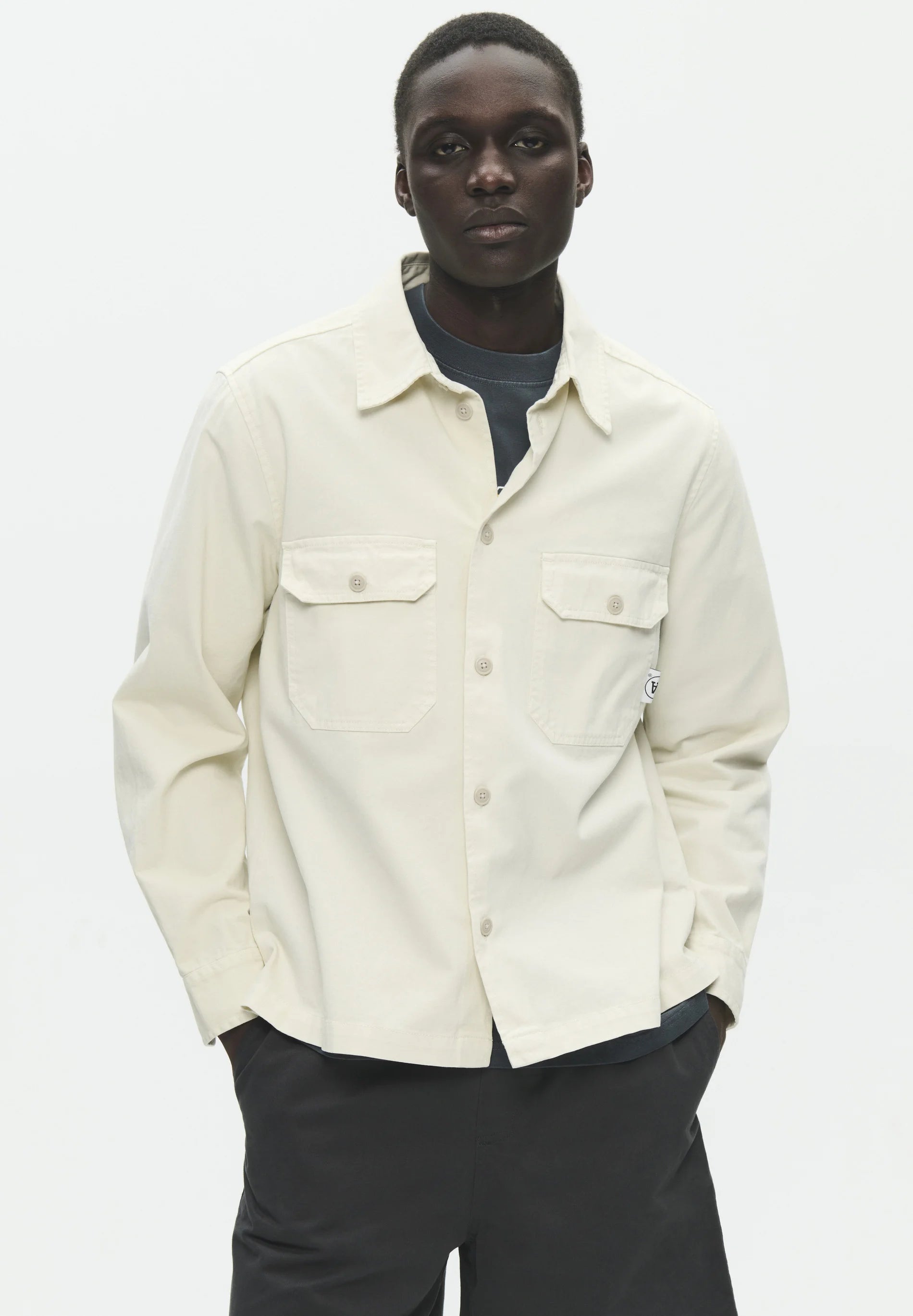 Wood Wood WW Clay X Overshirt Silver Birch worn by model