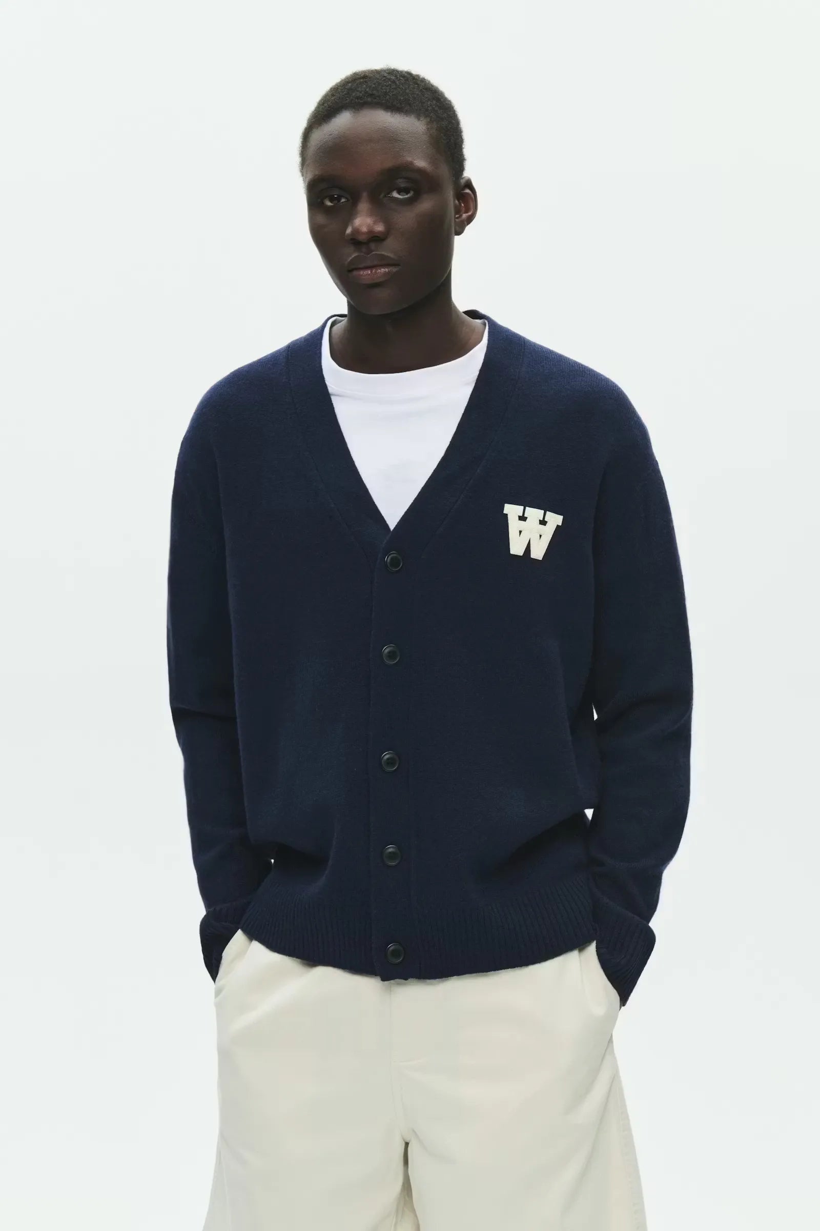 Wood Wood WW Tay Cardigan Salute Blue worn by model