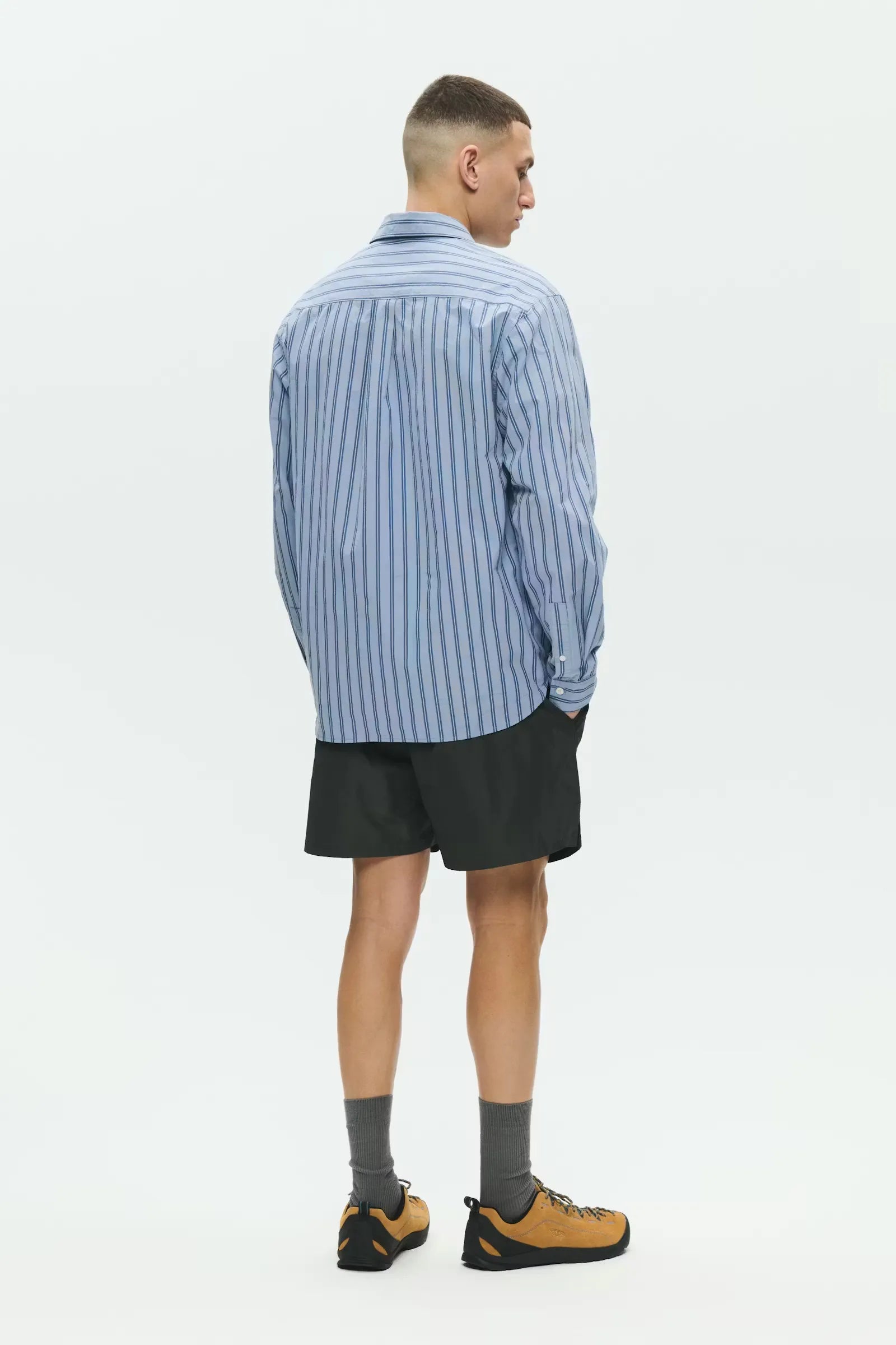 Wood Wood WWColton Shirt Silver Birch Stripe back view on model