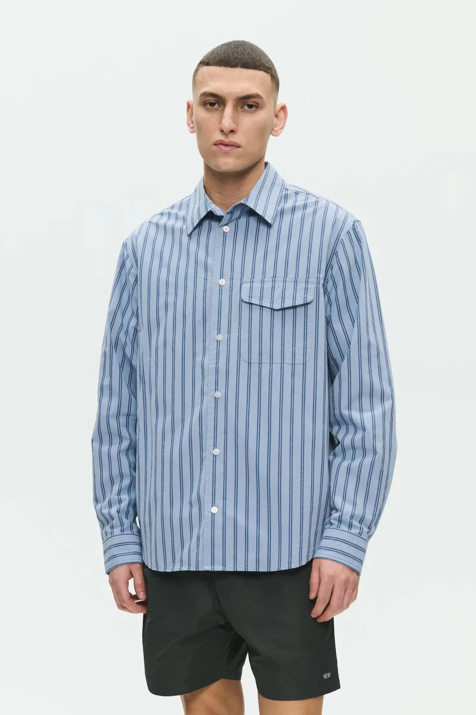 Wood Wood WWColton Shirt Silver Birch Stripe worn by model