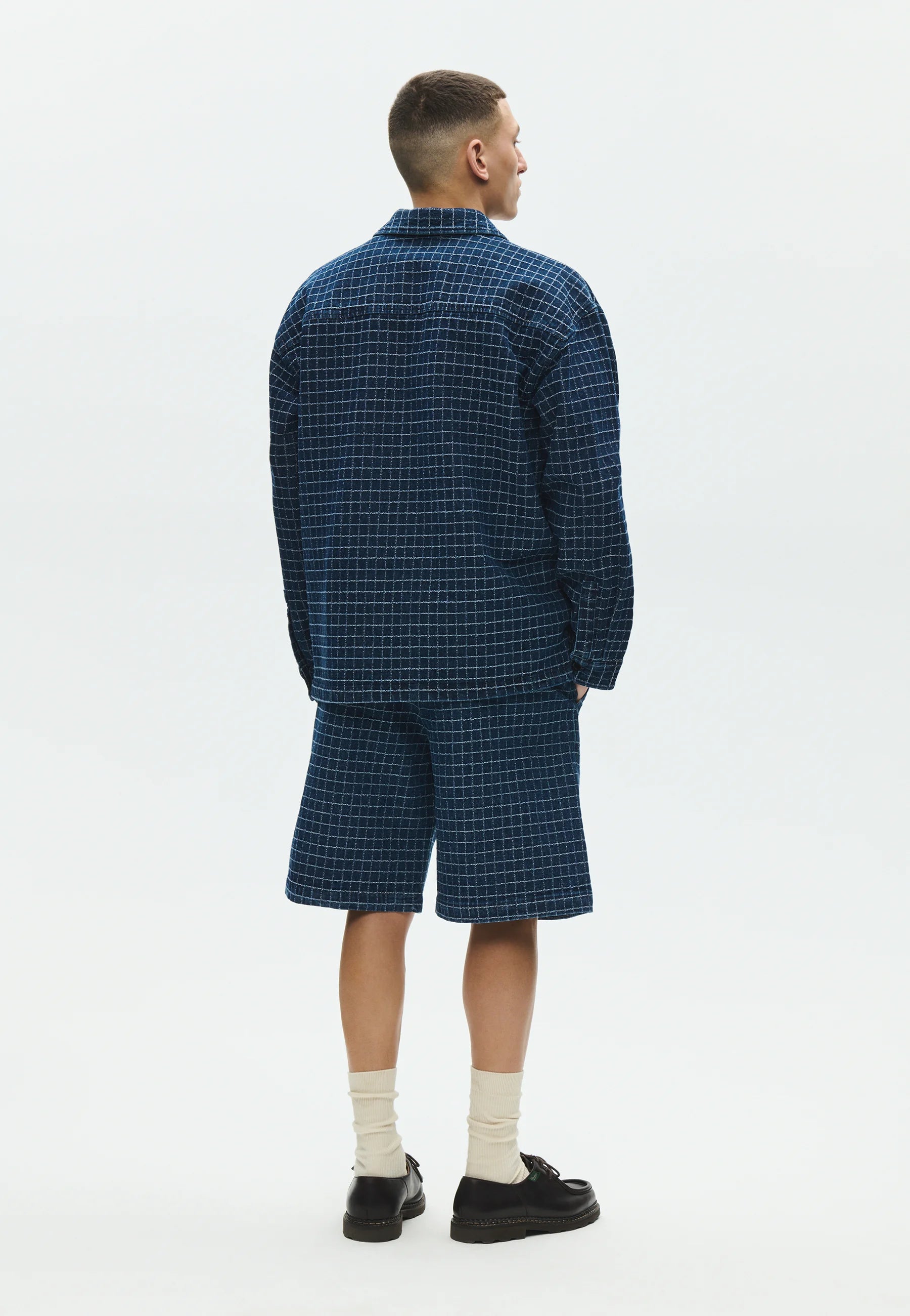 Back view of model wearing Wood Wood WWDavid Overshirt in Denim Check