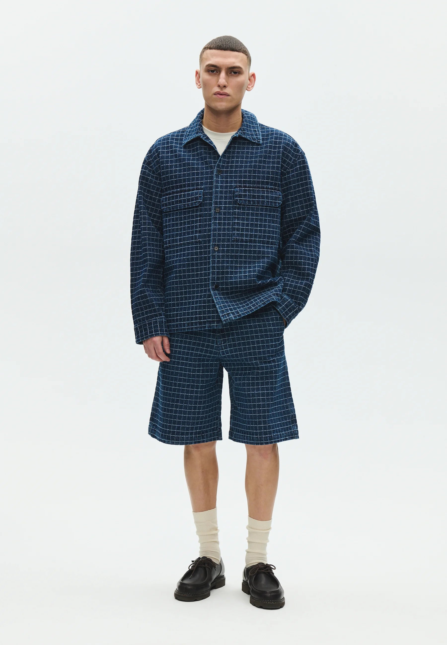 Full body look of model wearing Wood Wood WWDavid Overshirt in Denim Check