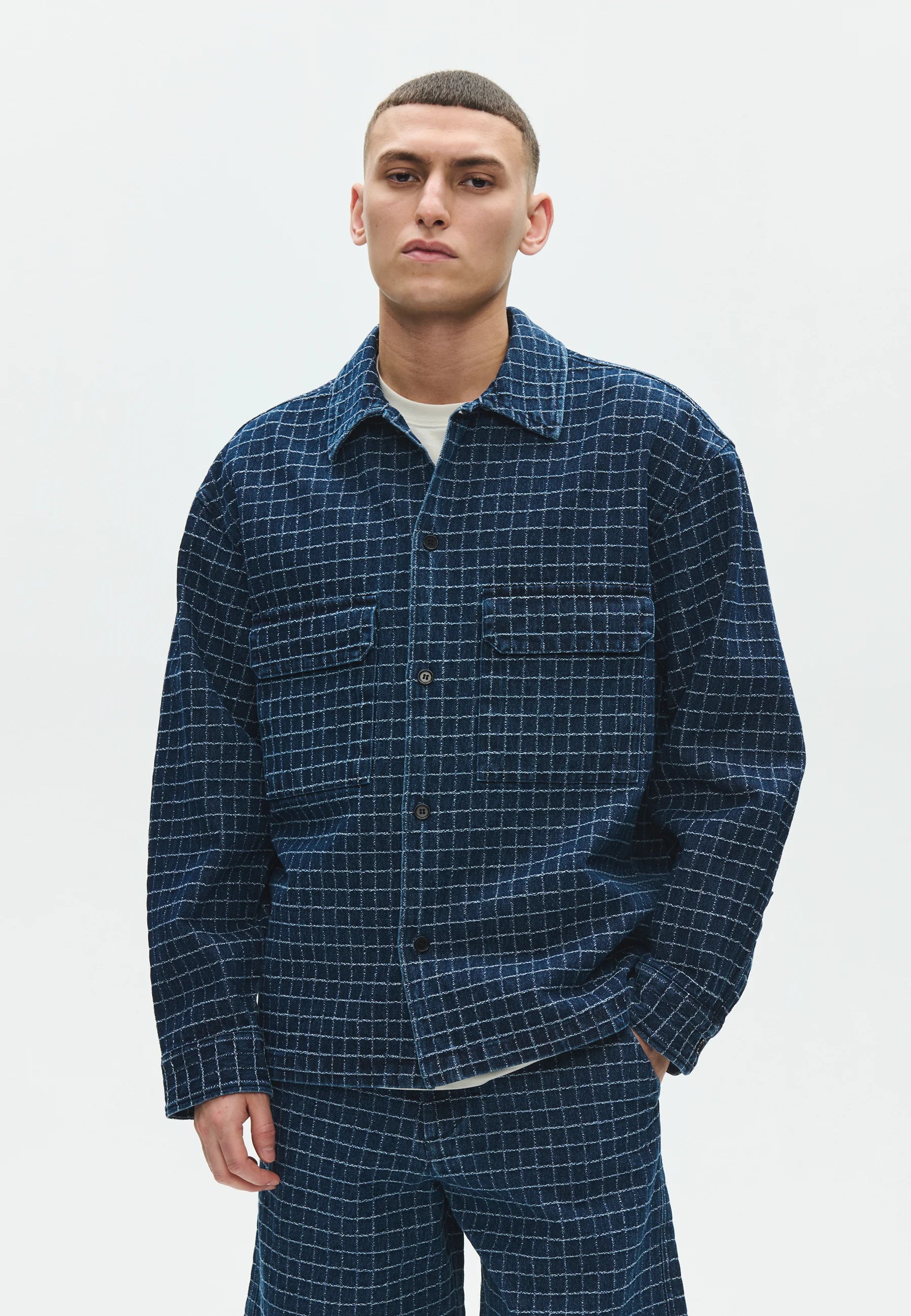 Model wearing Wood Wood WWDavid Overshirt in Denim Check front view