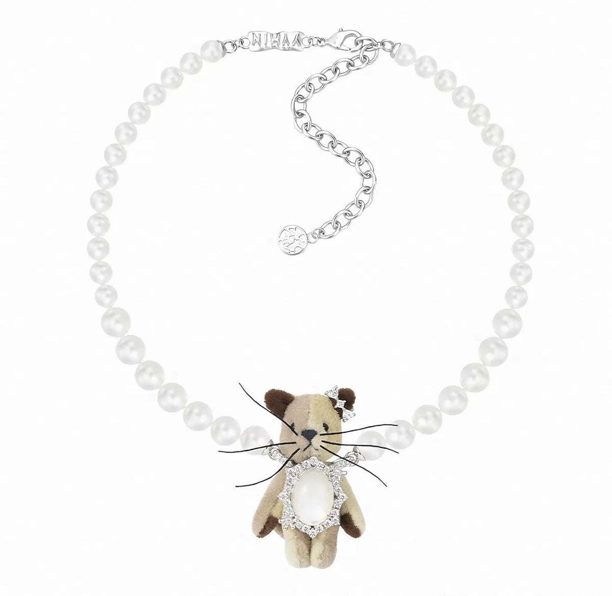 YVMIN Fabric Kitten Pearl Necklace สีน้ำตาล ดีเทล