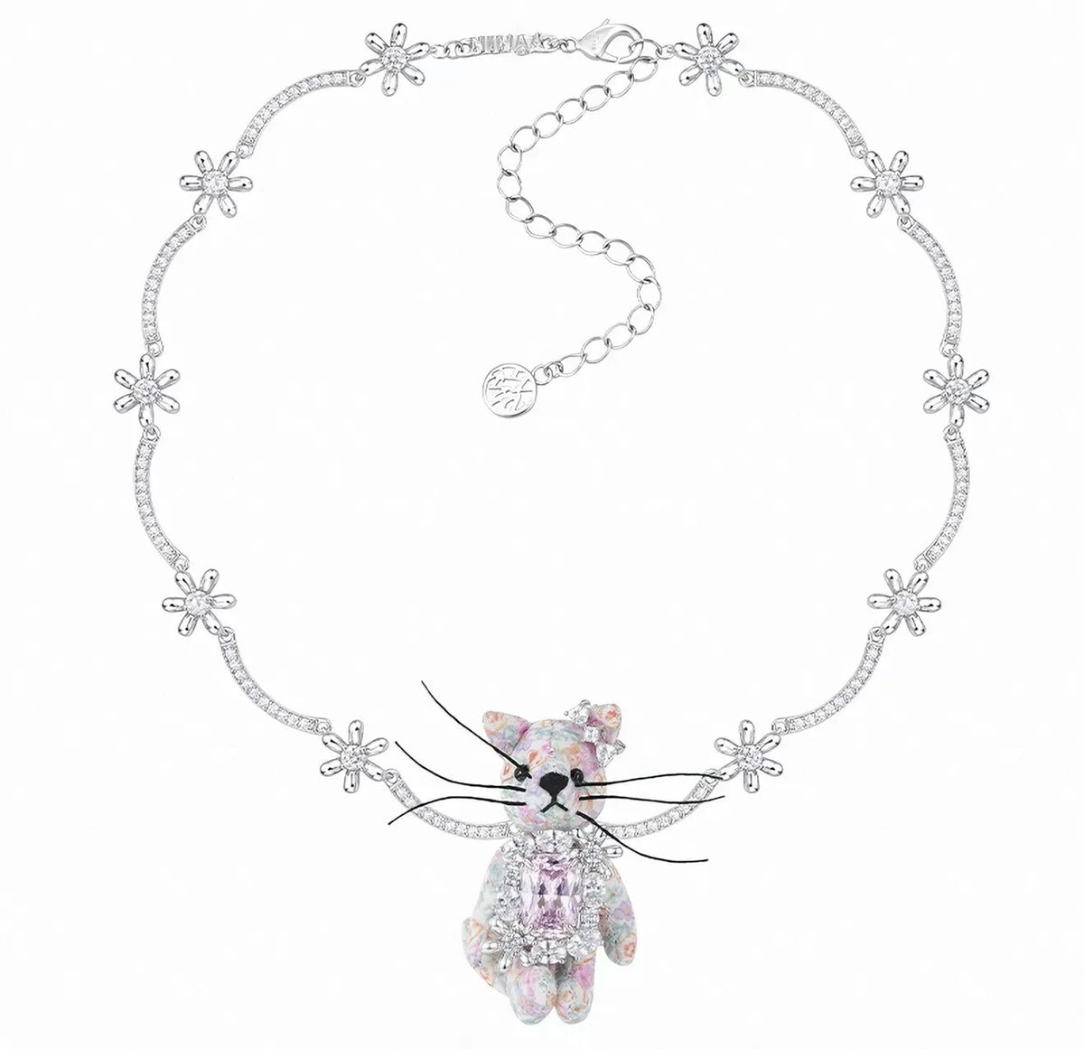 YVMIN Fabric Kitten Ribbon Necklace สีชมพู ดีเทล