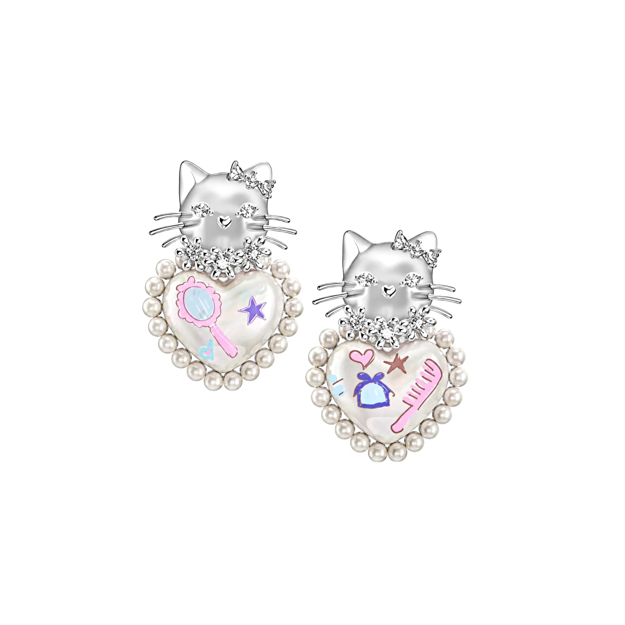 YVMIN Kitten Heart Shaped Pearl Earring in Silver