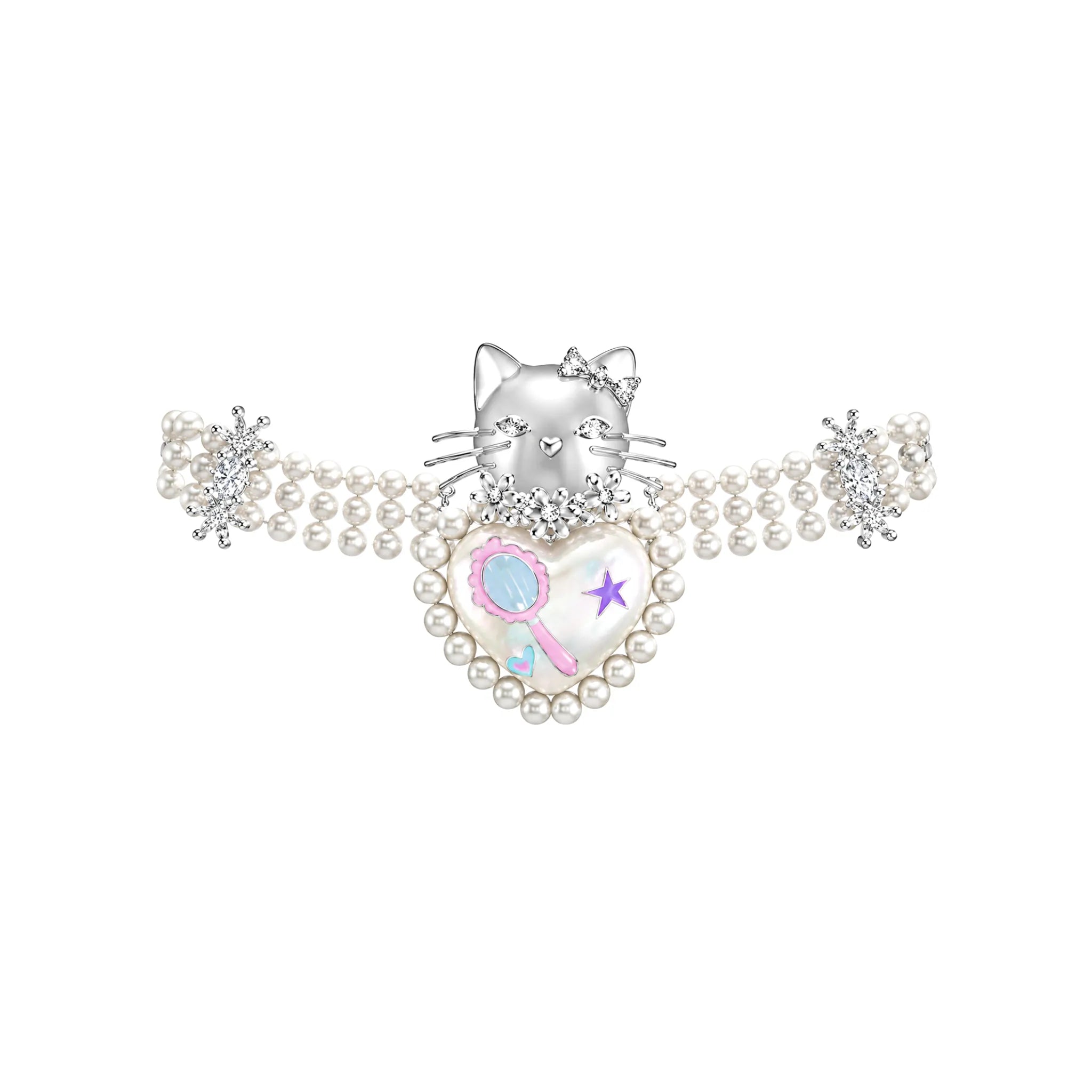 YVMIN Kitten Heart Shaped Pearl Necklace in Silver