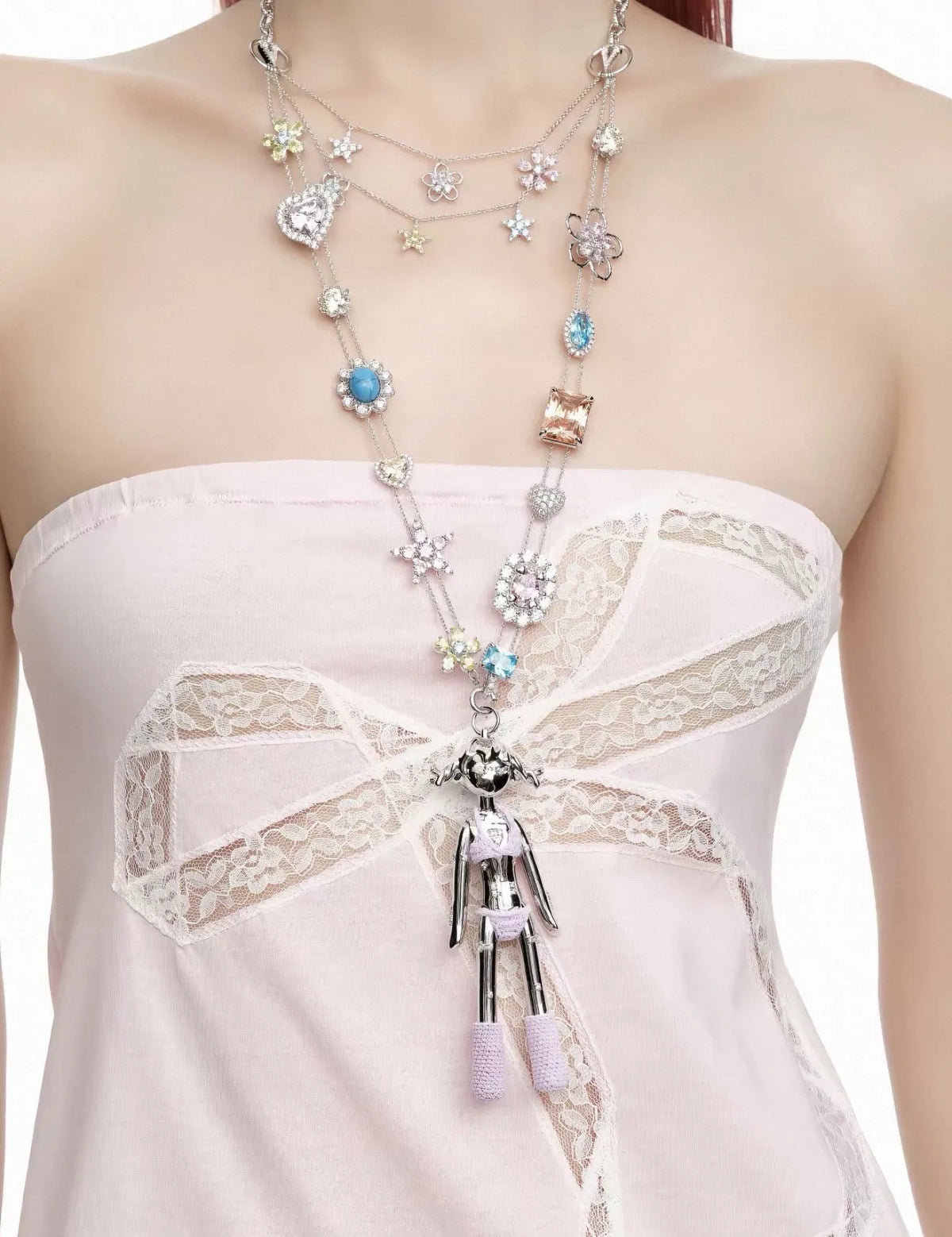 YVMIN Middle Girl Gemstone Long Necklace สีเงิน ดีเทล