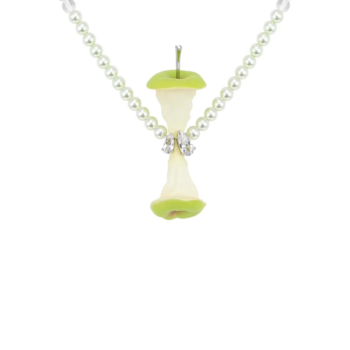 Close-up of YVMIN Paradise Apple Core Pearl Necklace Green