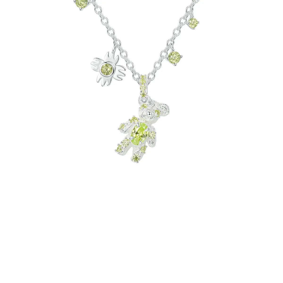 Bear and flower pendant detail on YVMIN Paradise Bear Flower Zircon Necklace Silver