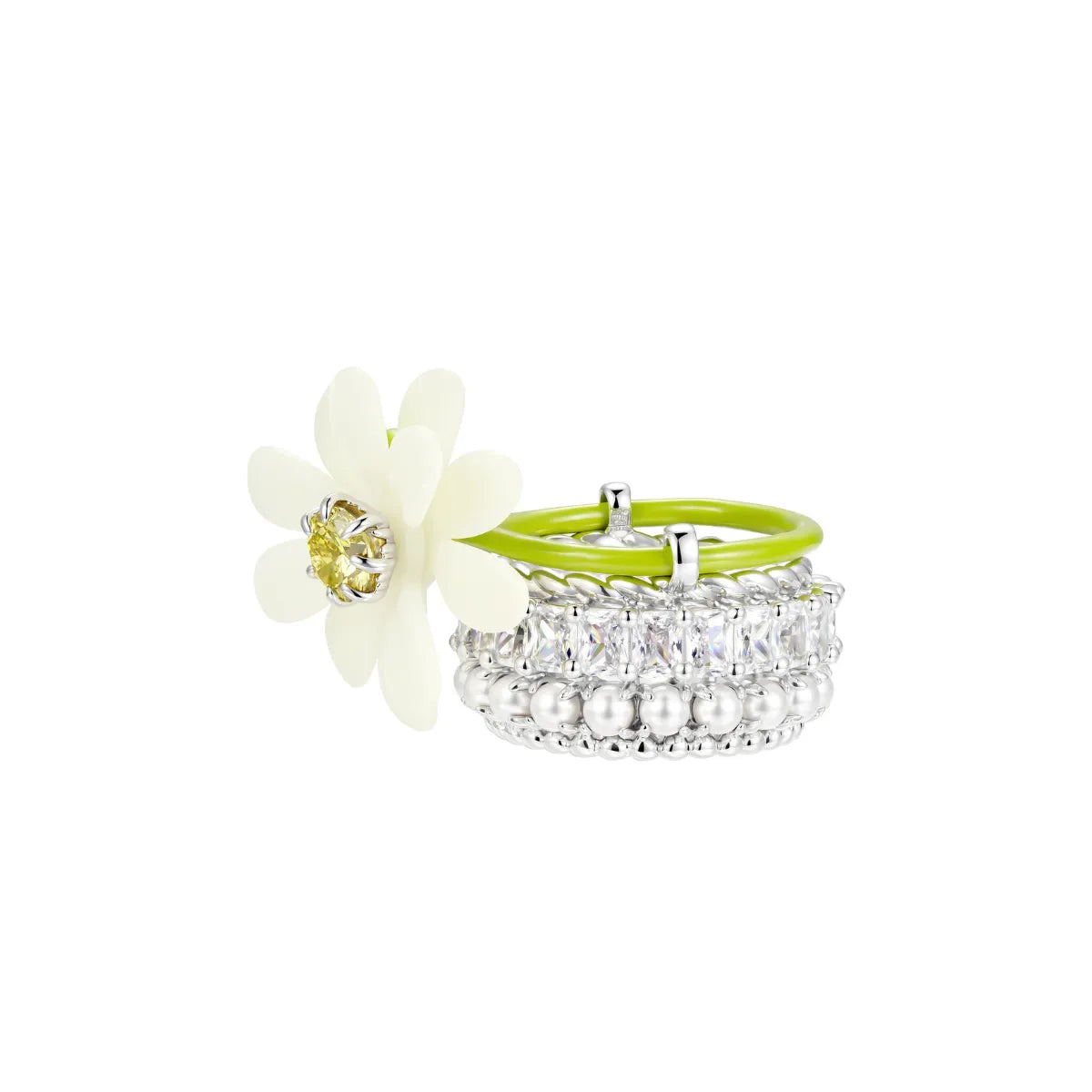 Angled view of YVMIN Paradise Daisy Gemstone Ring White