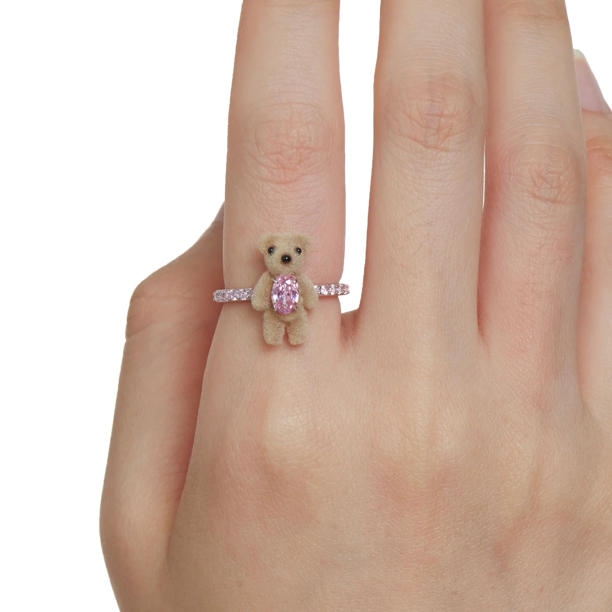 Model wearing YVMIN Paradise Mini Flocked Bear Gemstone Ring Pink