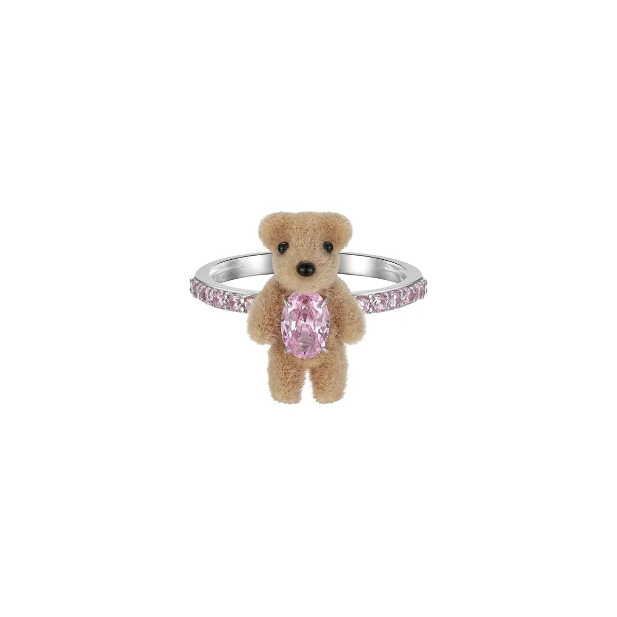 YVMIN Paradise Mini Flocked Bear Gemstone Ring Pink