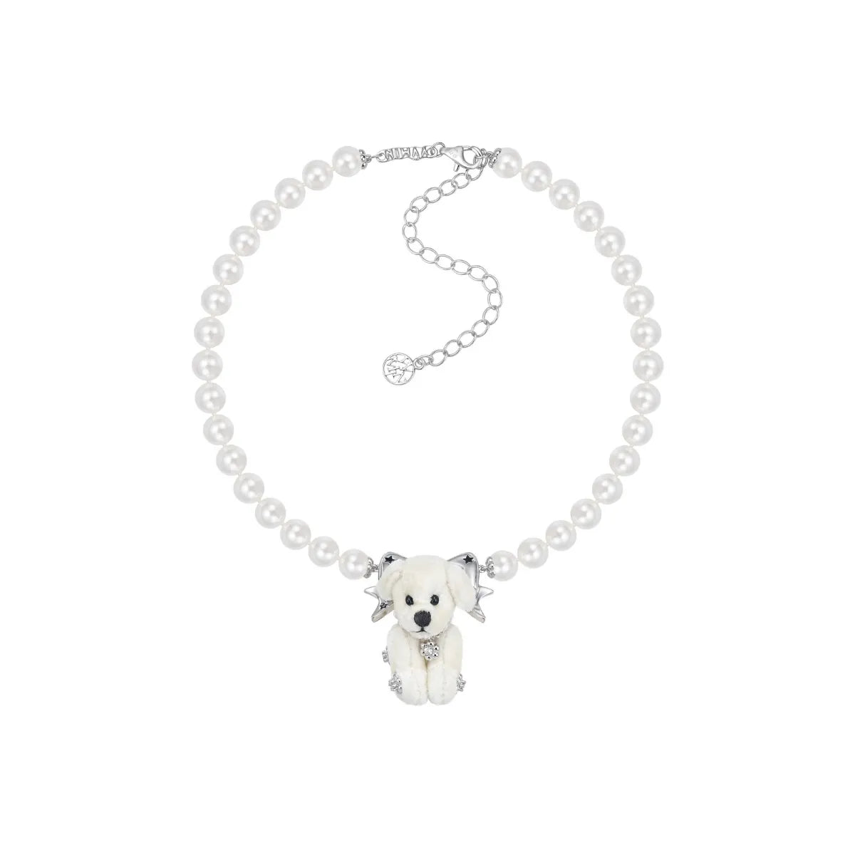 YVMIN Paradise Star Polka Dot Plush Puppy Pearl Necklace in White