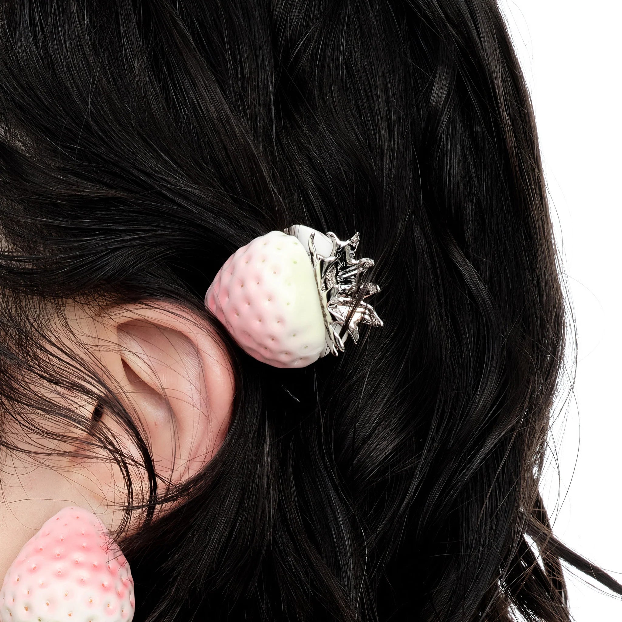 Model wearing YVMIN Paradise Strawberry Hair Pin in Pink