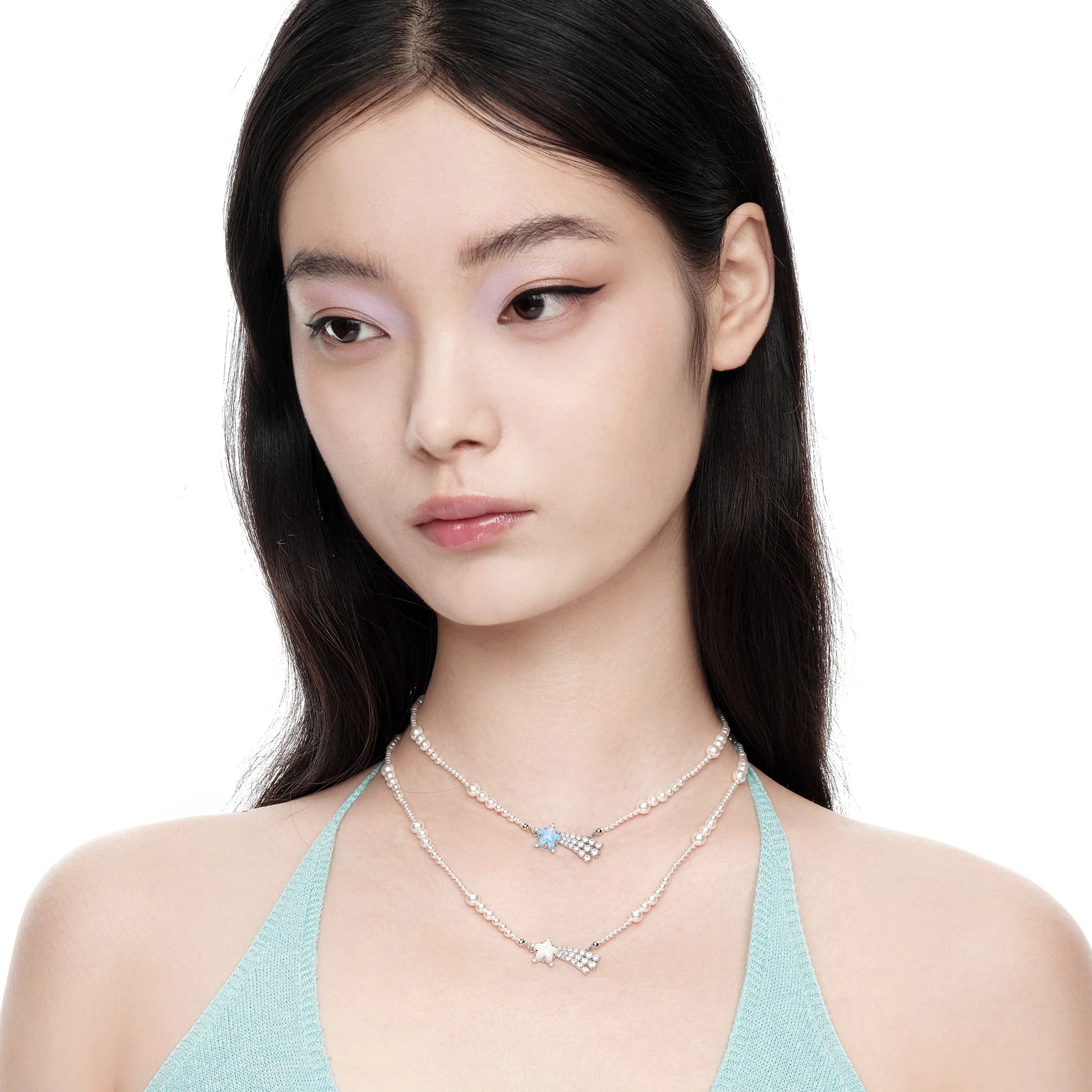 Model wearing YVMIN crystal pearl necklace