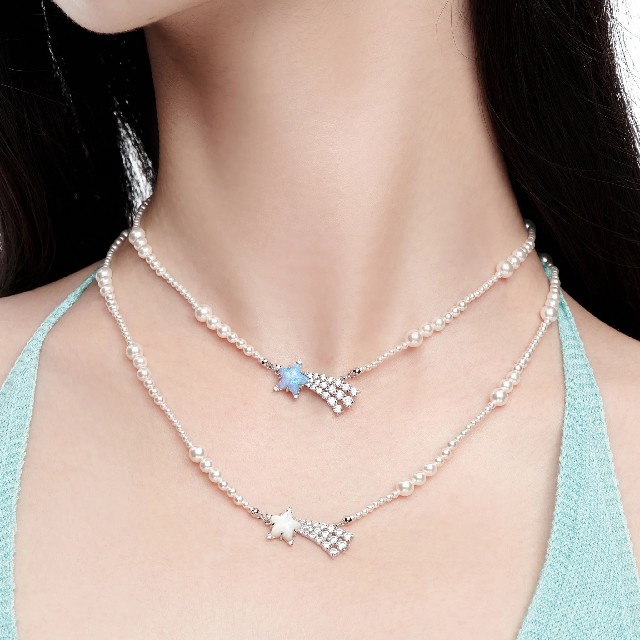 Close-up of YVMIN crystal star pearl necklace